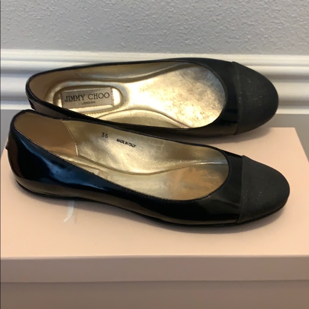 Jimmy Choo patent & fine glitter flats
